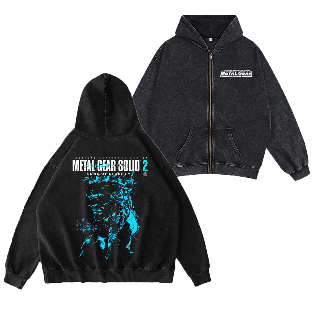 GS2 Snake And Raiden Cover Game Metal Gear Solid Graphic Unisex Washed Zip Up Hoodie