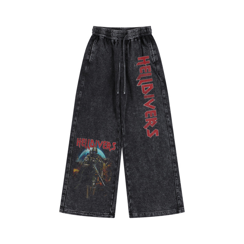 [Copy]Elastic Waist Washed Trousers Unisex Washed Pants