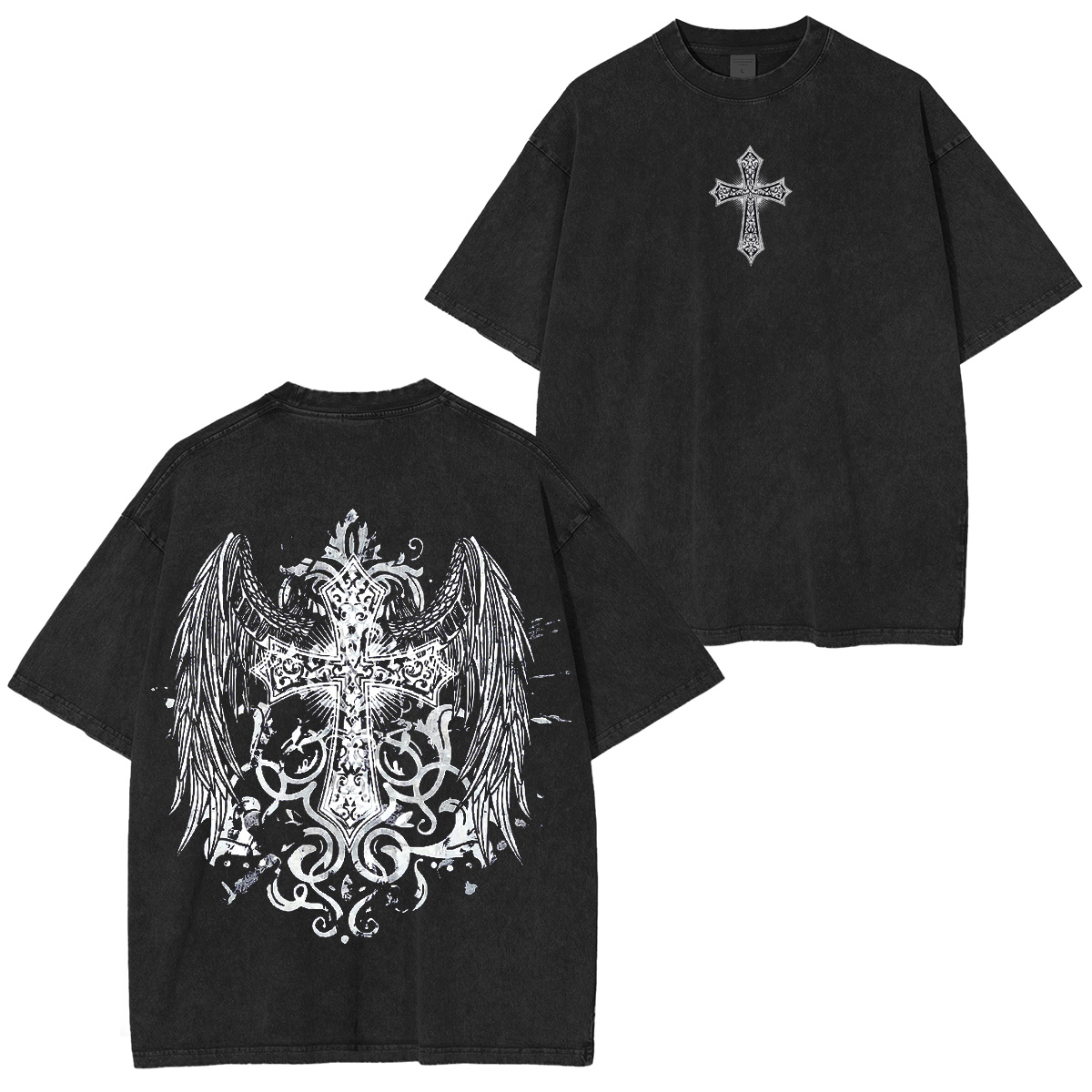 SHENHE Men's Gothic Graphic Tops Y2K Cross Print Vintage Washed T-shirt/Crewneck/Hoodie