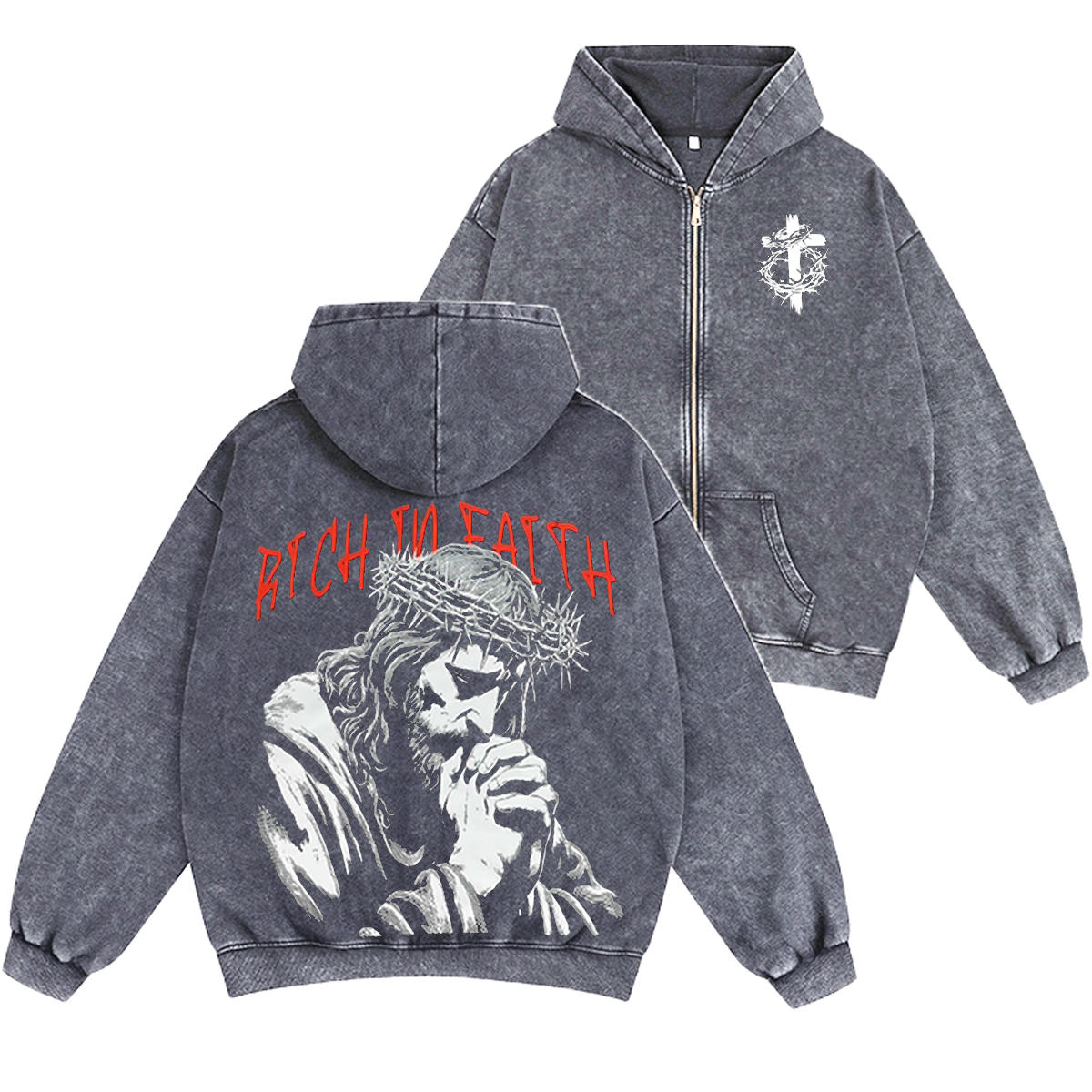 RICH IN FAITH Unisex Washed Zip Up Hoodie