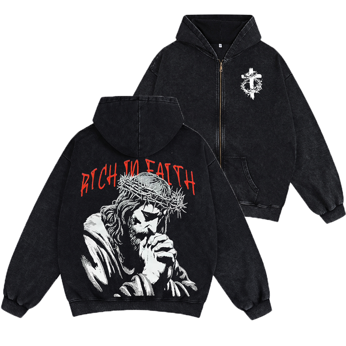 RICH IN FAITH Unisex Washed Zip Up Hoodie