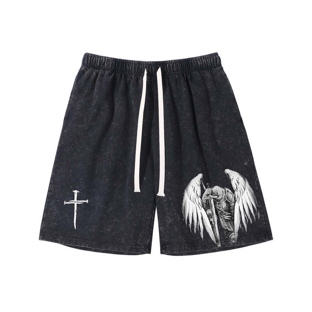 Goth Men's Angel Letter Printed Drawstring Waist Sports Shorts