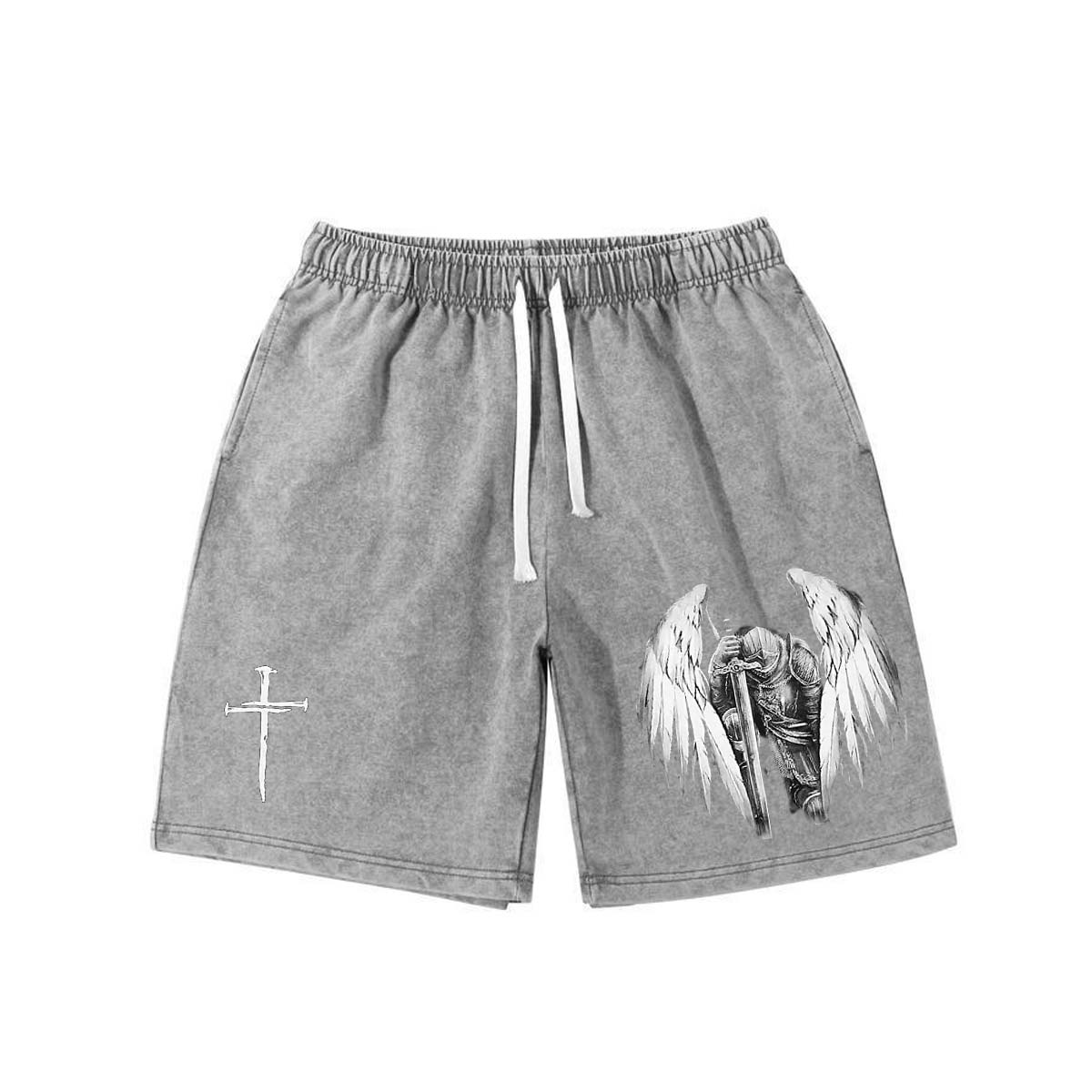 Goth Men's Angel Letter Printed Drawstring Waist Sports Shorts
