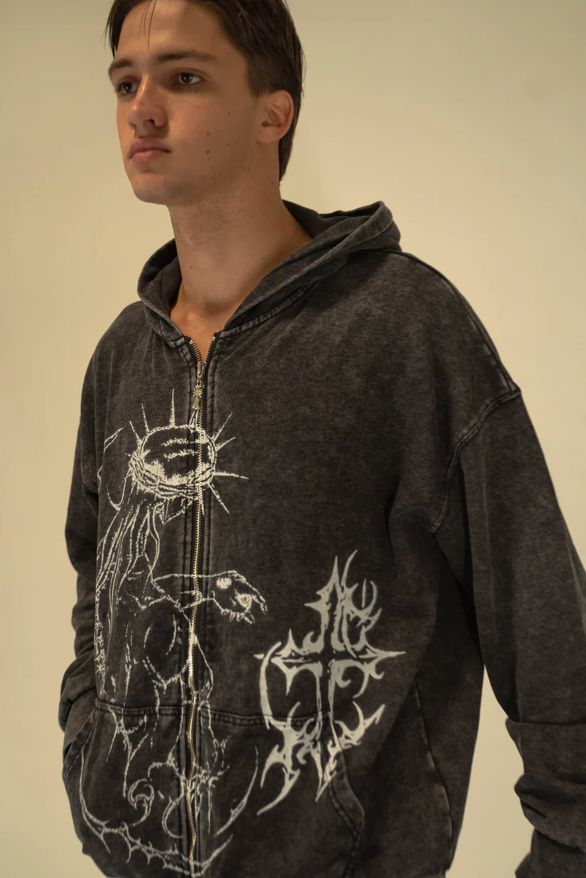 Brandless JJBA Jesus Acid Wash Zip up Hoodie