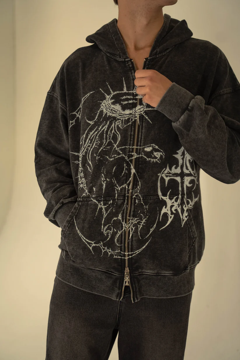 Brandless JJBA Jesus Acid Wash Zip up Hoodie