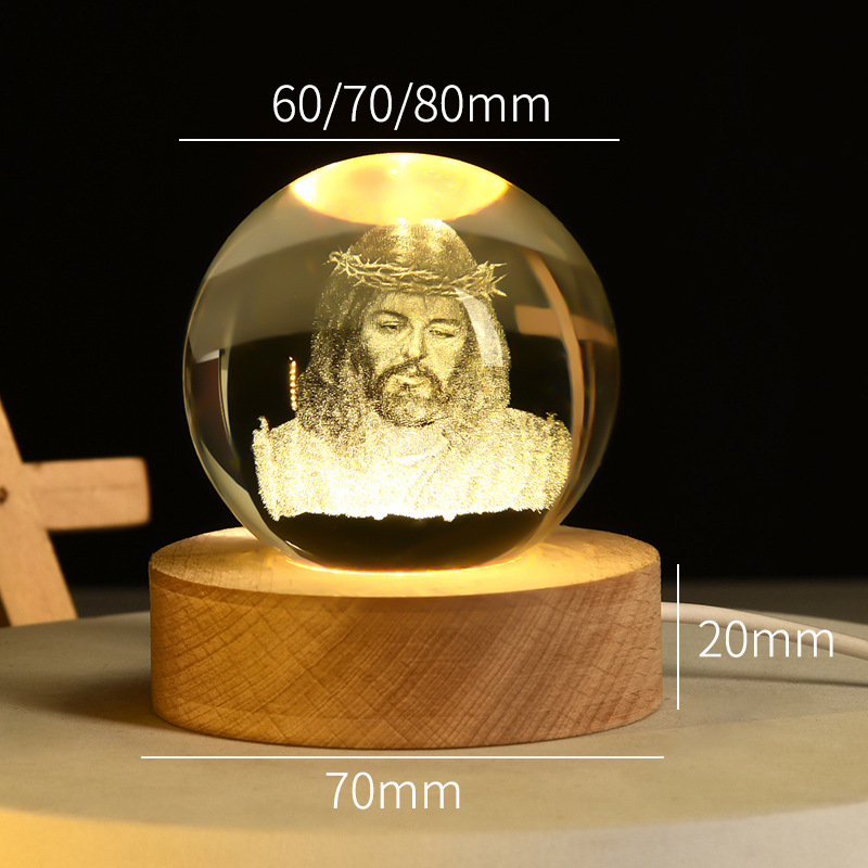 3D Engraved Light Emitting Crystal Ball Cross Desktop Ornament Small Night Light Creative Activity Gift for Festivals and Birthdays