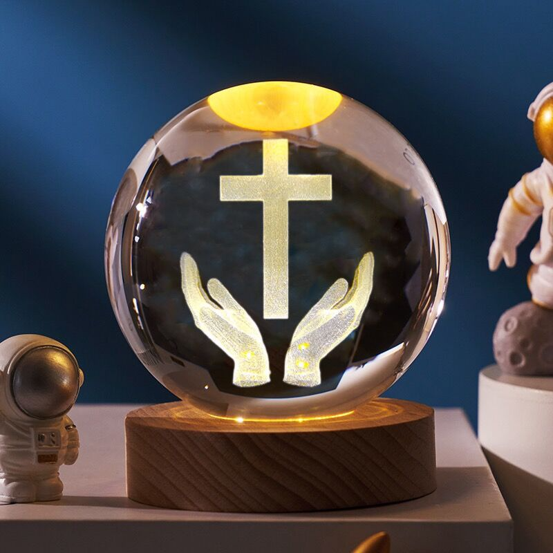 3D Engraved Light Emitting Crystal Ball Cross Desktop Ornament Small Night Light Creative Activity Gift for Festivals and Birthdays