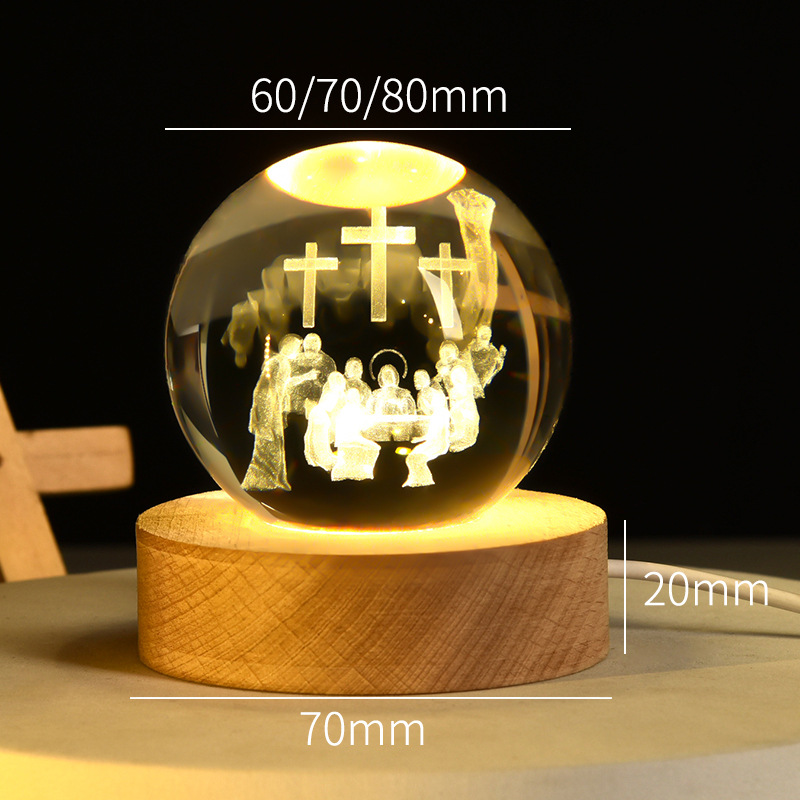 3D Engraved Light Emitting Crystal Ball Cross Desktop Ornament Small Night Light Creative Activity Gift for Festivals and Birthdays