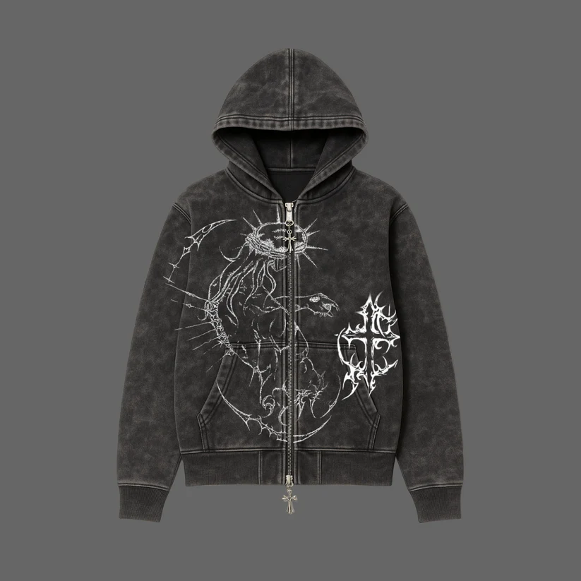 Brandless JJBA Jesus Acid Wash Zip up Hoodie
