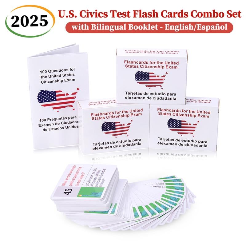 2025 U.S. Civics Test Flash Cards Combo Set with Bilingual Booklet - English/Spanish