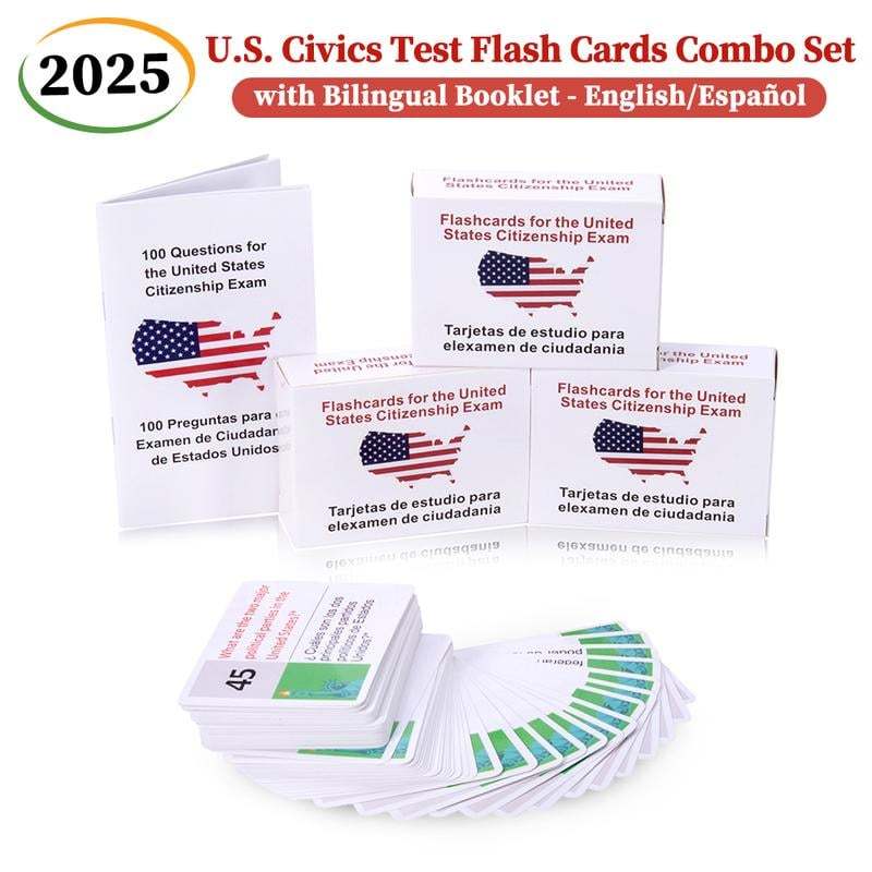 2025 U.S. Civics Test Flash Cards Combo Set with Bilingual Booklet - English/Spanish