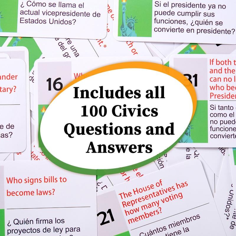 2025 U.S. Civics Test Flash Cards Combo Set with Bilingual Booklet - English/Spanish