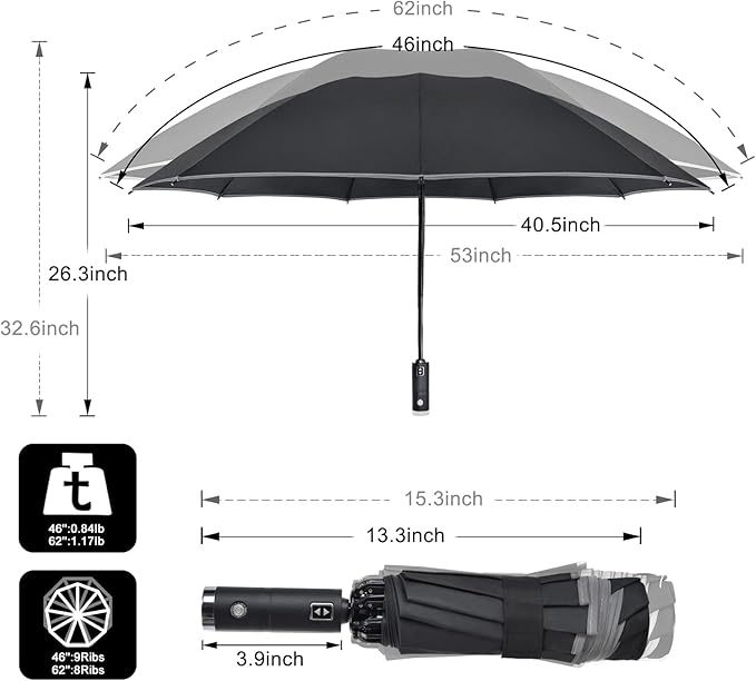 Lejorain Folding Reverse LED Umbrella - Upside Down Reflective Umbrellas Compact Inverted Travel Windproof Umbrella Auto Open Close for Rain