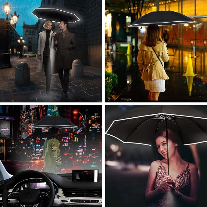 Lejorain Folding Reverse LED Umbrella - Upside Down Reflective Umbrellas Compact Inverted Travel Windproof Umbrella Auto Open Close for Rain