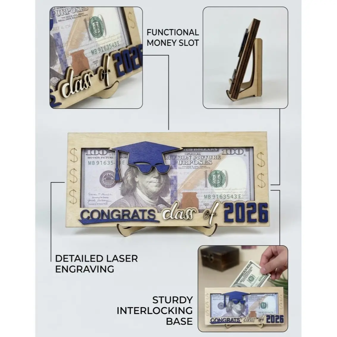 Graduation 2026 Money Holder-Unique Wooden Cash Gift Box for Class of 2026, Creative Graduation Gift for Seniors