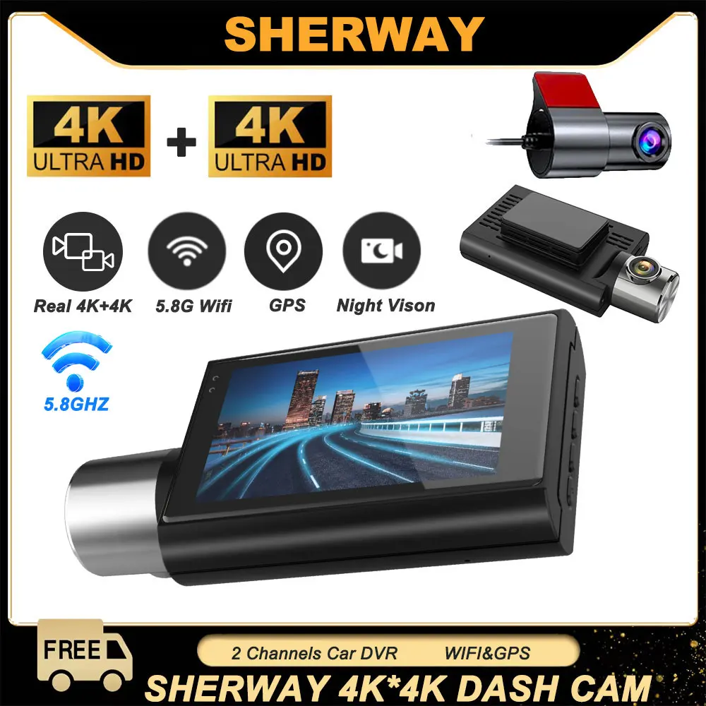 2 Channel Dash Cam 4K+4K Dual Dash Camera for Cars with 5GHz WiFi & GPS WDR Recorder Car DVR IR Night Vision 24H Parking Mode