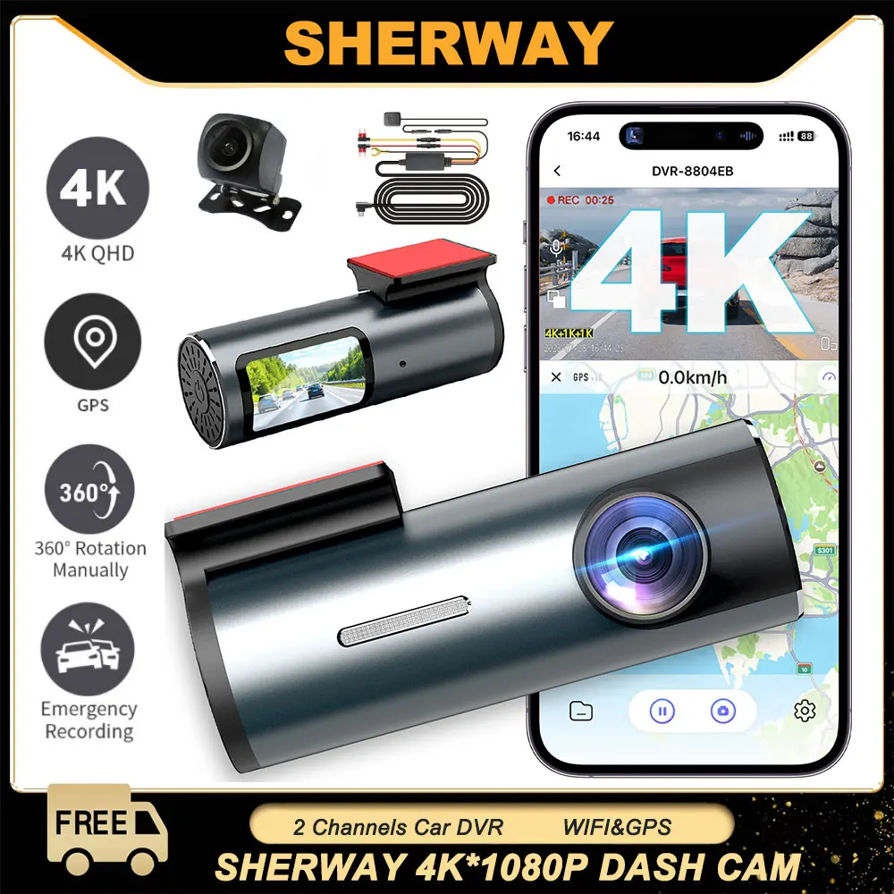 4K Dash Cam Dual Lens Car DVR Driving Recorder UHD 1080P Rear Lens Camera WiFi GPS IR Night Vision 24H Parking Monitor Black Box