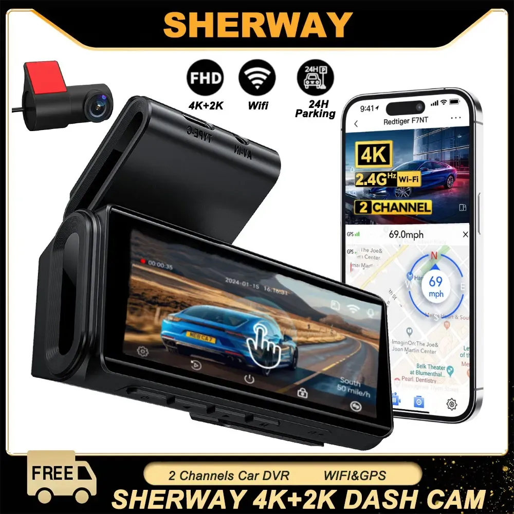Dash Cam 4k+2K Front Rear Car Camera 4" Touch Screen Car DVR Camera Built-in GPS WiFi 24H Parking Monitor Night Vision Black Box