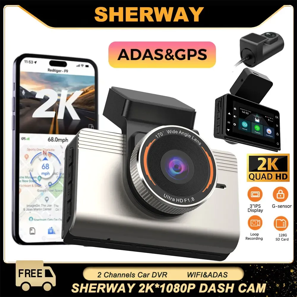 Dash Cam 2K+1080P Dual Dash Car Camera with ADAS Car DVR 24H Parking Mode Built-in WiFi GPS Adas Driving Assistance Recorder