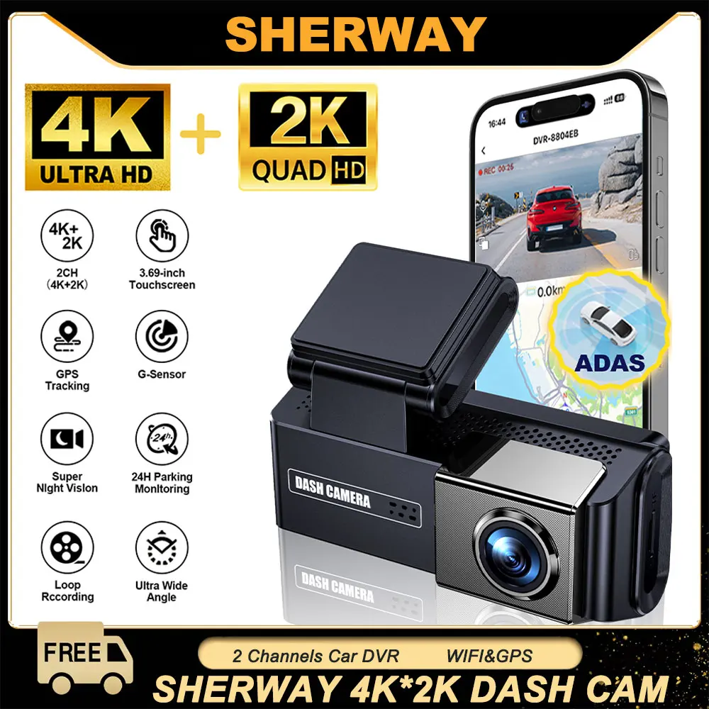 4K+2K 2 Channel Dash Cam for Cars ADAS Touch Screen Front Rear Car Camera Built-in GPS WiFi 24H Parking Mode Black Box Car DVR