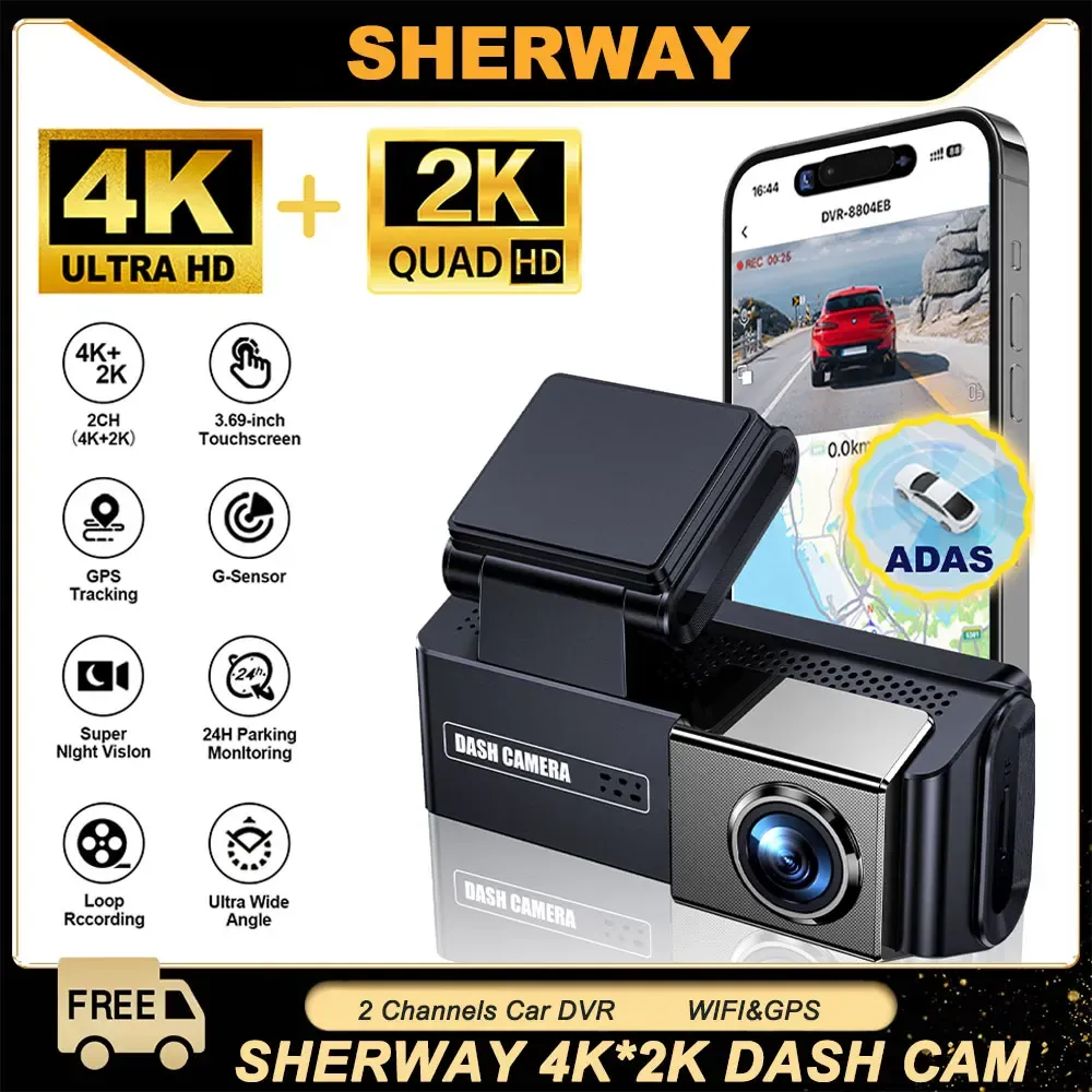 4K+2K 2 Channel Dash Cam for Cars ADAS Touch Screen Front Rear Car Camera Built-in GPS WiFi 24H Parking Mode Black Box Car DVR