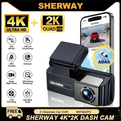 4K+2K 2 Channel Dash Cam for Cars ADAS Touch Screen Front Rear Car Camera Built-in GPS WiFi 24H Parking Mode Black Box Car DVR