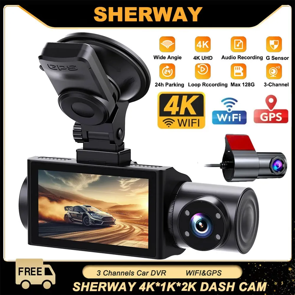 4K 3 Channel Dash Cam 5.8GHz WiFi & GPS 4K+1080P+1440P Triple Car Camera Full Color HDR Night Vision 2K Rear Driving Recorder