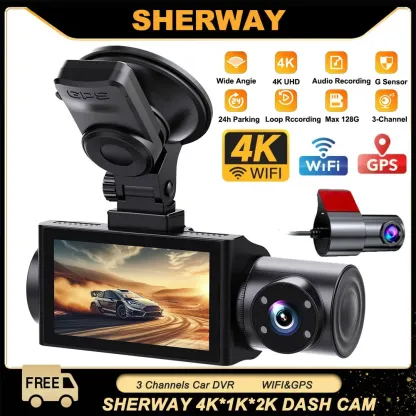 4K 3 Channel Dash Cam 5.8GHz WiFi & GPS 4K+1080P+1440P Triple Car Camera Full Color HDR Night Vision 2K Rear Driving Recorder
