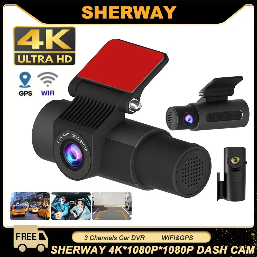 3 Channel Dash Cam for Car Camera UHD 4K 3-Lens Inside Vehicle Dashcam Built-in GPS Wifi Auto Record Car DVR 3CH Video Recorder