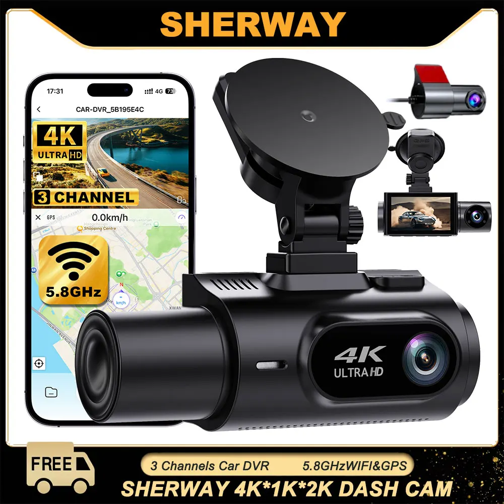 3 Channel 4K Dash Cam 5.8Ghz Wifi Dash Camera 4K+2K Front and Rear Inside Triple Car Camera Built-In GPS IR Night Vision Car DVR