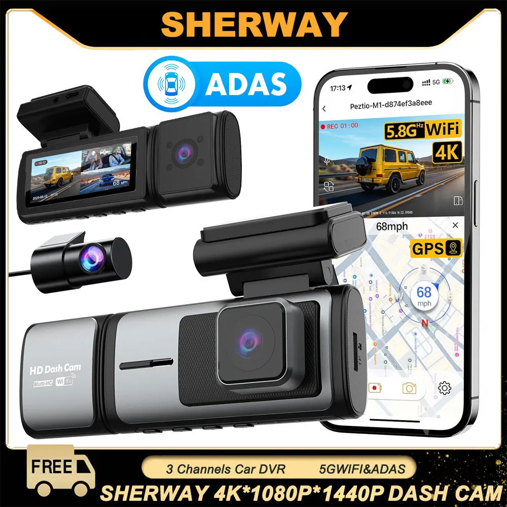 3 Channel Dash Cam 4K Auto ADAS 5GHz WiFi Dash Car Camera Support Front Rear and Interior Dashcam with GPS Night Vision Car DVR