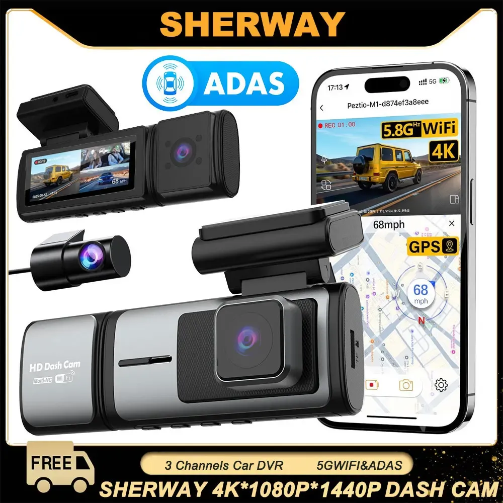 3 Channel Dash Cam 4K Auto ADAS 5GHz WiFi Dash Car Camera Support Front Rear and Interior Dashcam with GPS Night Vision Car DVR