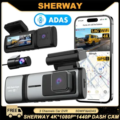 3 Channel Dash Cam 4K Auto ADAS 5GHz WiFi Dash Car Camera Support Front Rear and Interior Dashcam with GPS Night Vision Car DVR