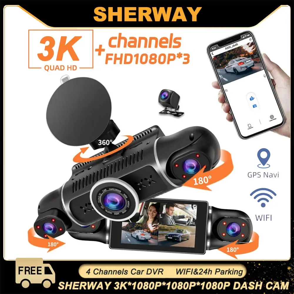4 Channel WiFi 360° Dash Camera for Car DVR 1080P Dashcam Front Left Right Rear Night Vision Loop Recording 24H Parking Monitor