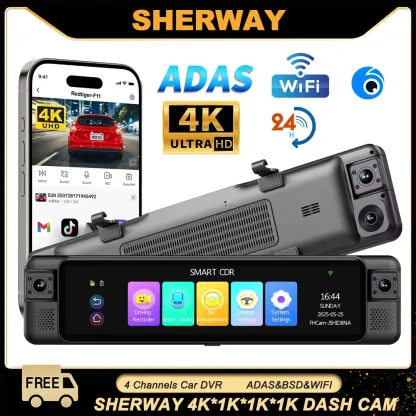 4K Dash Cam 4 Channel 360° Rearview Mirror Dashcam Front Left Right Rear ADAS Dash Camera for Cars Touch Screen Video Recorder