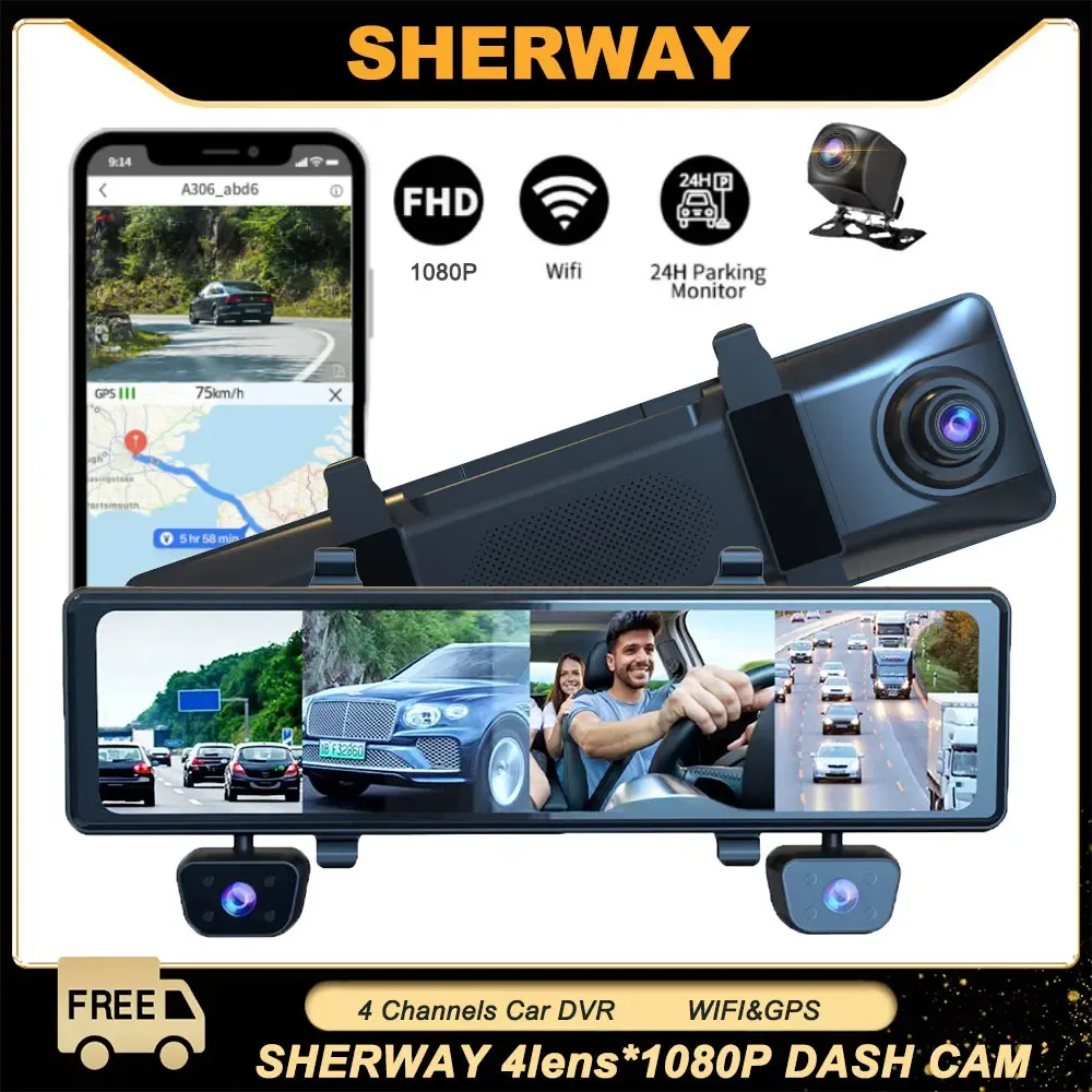 Dash Cam Ultra HD 4*1080P 4CH Car DVR 12”Touch IPS Built-in GPS Wifi 24H Parking Monitor Night Vision Car Camera Video Recorder