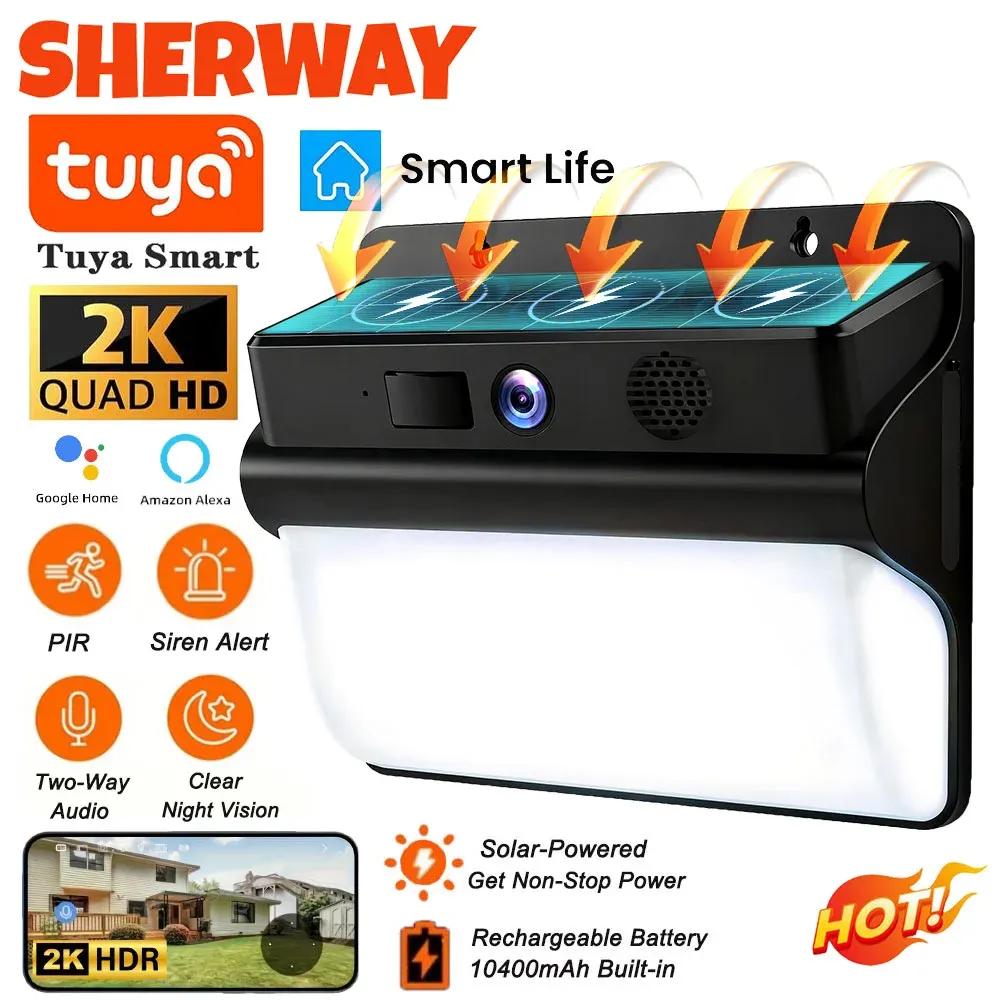 2K Solar Security Camera Tuya Smart Wifi Outdoor Wireless Battery Floodlight Camera 5MP Color Night Vision CCTV PIR Surveillance