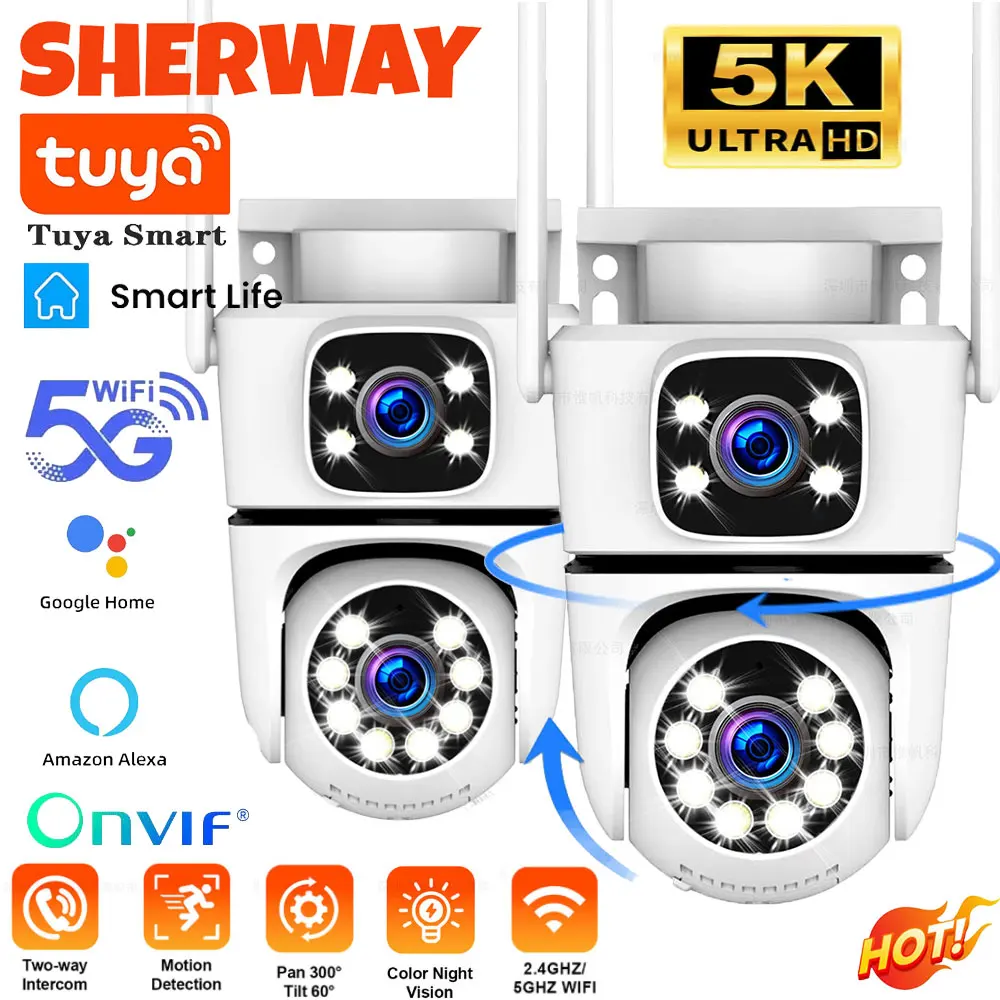 4K Tuya Home Security Outdoor 5G Wifi Camera Dual Lens Dual Screen Alexa Google Camera Surveillance IR Night Vision 10x Zoom Cam