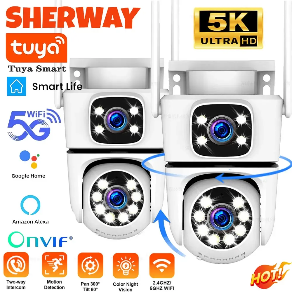 4K Tuya Home Security Outdoor 5G Wifi Camera Dual Lens Dual Screen Alexa Google Camera Surveillance IR Night Vision 10x Zoom Cam