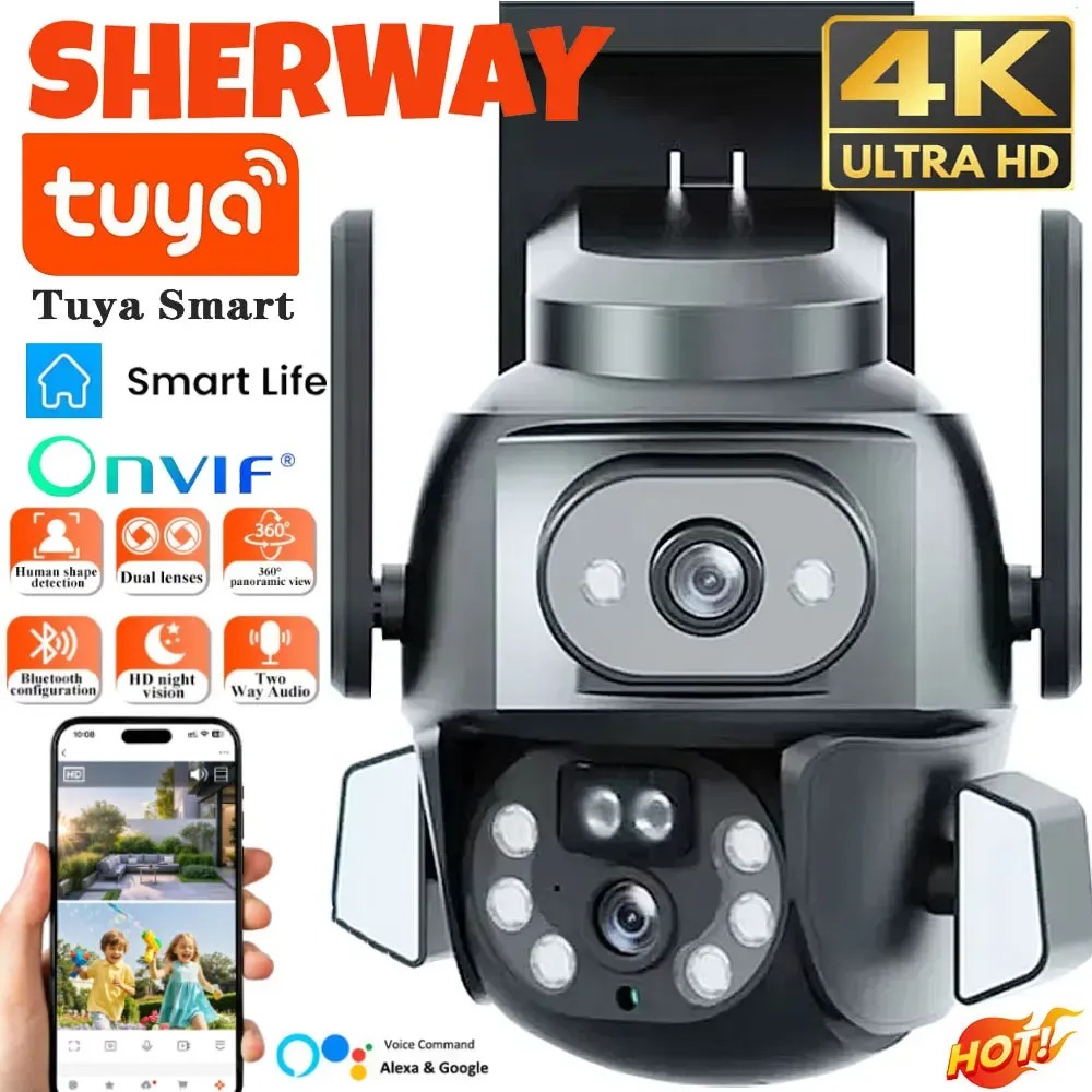 4K 8MP Tuya Home Security Outdoor WiFi Camera UHD Dual Lens Dual Screen PTZ Surveillance Auto Tracking CCTV Wireless Monitoring