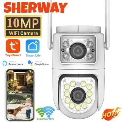 10MP Dual Lens 5G Wifi Tuya Camera PTZ Outdoor 4K Dual Screen Security Protection IP Camera IR Night Vision Video Surveillance