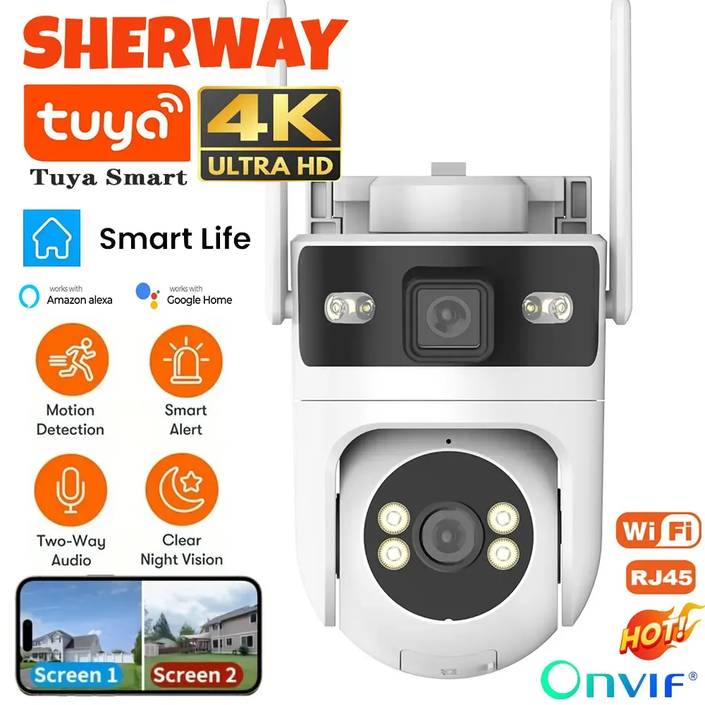 Tuya WiFi Outdoor Dual Lens Camera 4K 8MP Dual Screen PTZ Security Camera Motion Detection Auto Track CCTV Wireless Surveillance