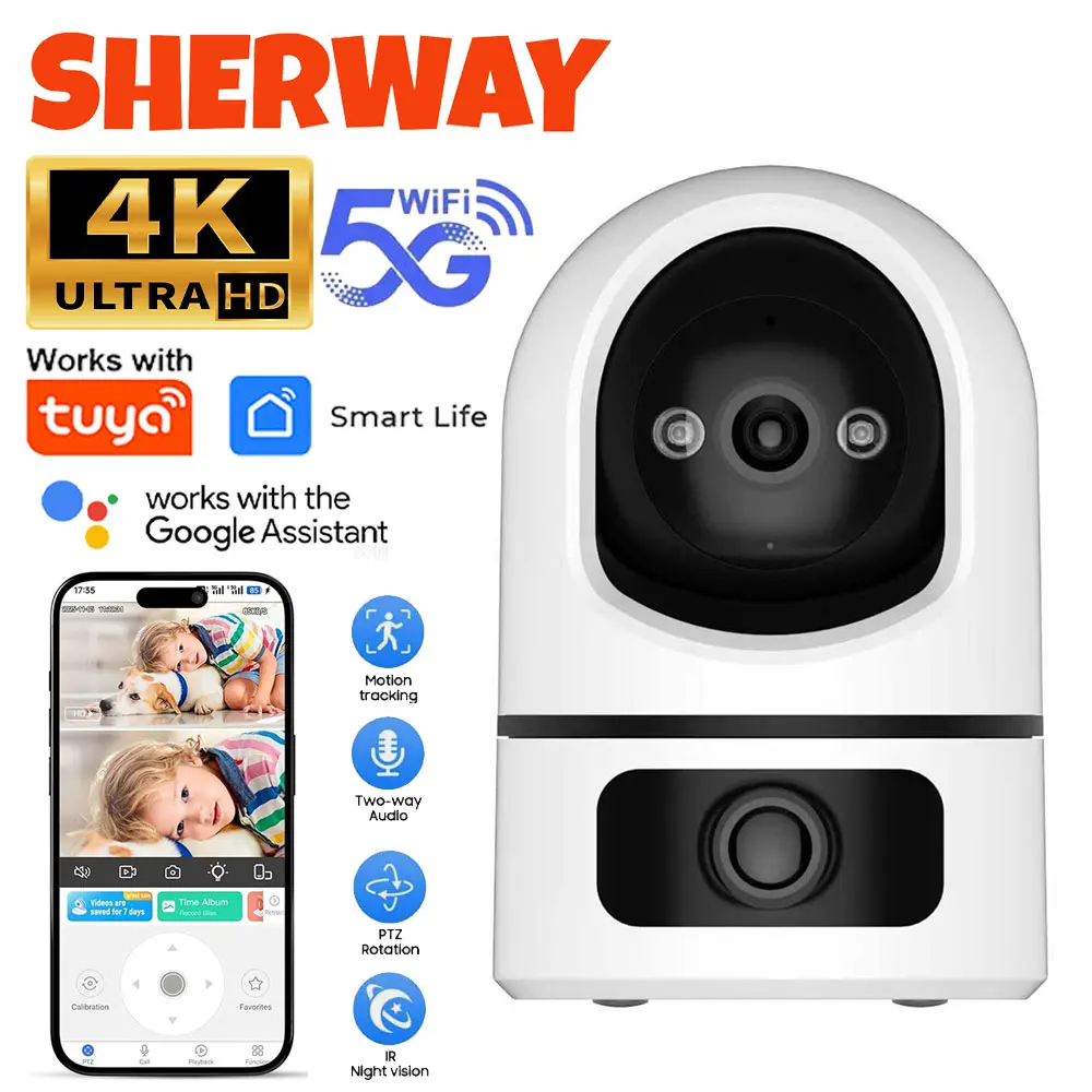 Tuya 4K 8MP WiFi Dual Lens Camera Indoor 2.4G/5G WIFI Security Camera Two-Way Audio Baby Monitor Color Night Vision Surveillance