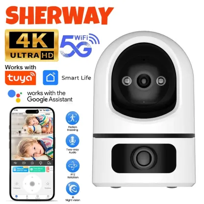 Tuya 4K 8MP WiFi Dual Lens Camera Indoor 2.4G/5G WIFI Security Camera Two-Way Audio Baby Monitor Color Night Vision Surveillance