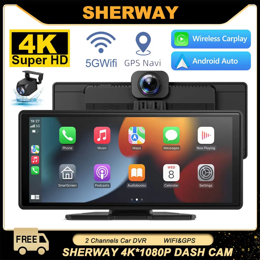 10.26 Inch 4K Dual Len Dash Cam Wireless Carplay Android Auto Car DVR Multimedia Video Player Voice Control GPS Driving Recorder