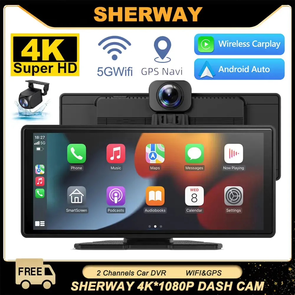 10.26 Inch 4K Dual Len Dash Cam Wireless Carplay Android Auto Car DVR Multimedia Video Player Voice Control GPS Driving Recorder