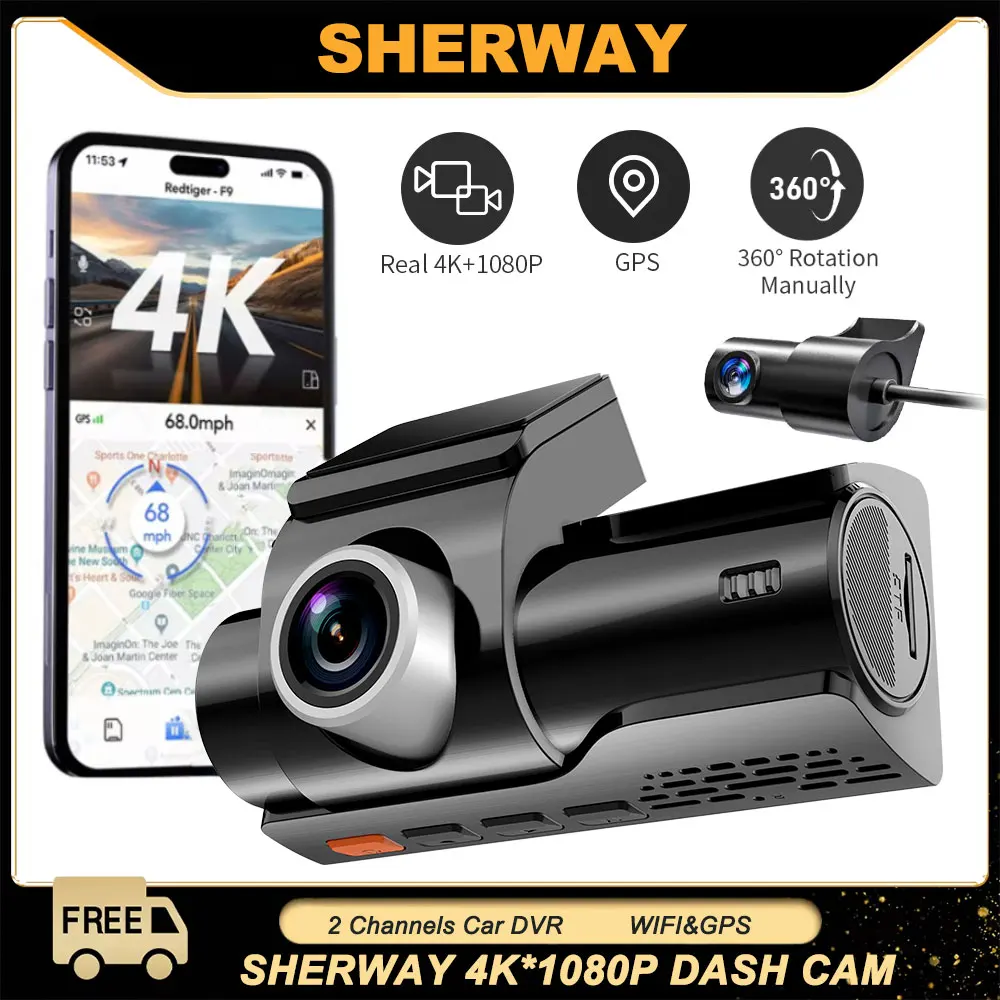 4K Dash Camera for Cars DVR Dual-Channel HD 1080P Front and Rear GPS Car Camera WDR Night Vision WiFi APP Monitor Video Recorder