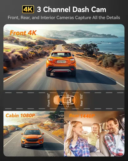 4K 3 Channel Dash Cam 5.8GHz WiFi & GPS 4K+1080P+1440P Triple Car Camera Full Color HDR Night Vision 2K Rear Driving Recorder