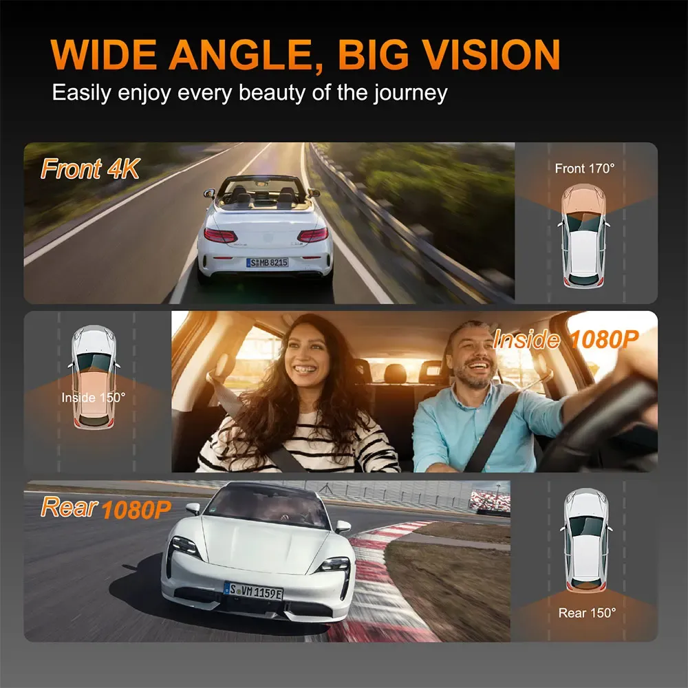 Dash Cam 4K UHD 3 Channel Car DVR Recording Car Camera DVR Night Vision Video Recorder Built-In Wi-Fi Support 3-Lens GPS Dashcam