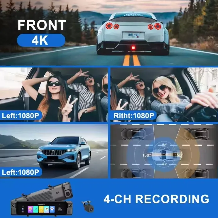 4K Dash Cam 4 Channel 360° Rearview Mirror Dashcam Front Left Right Rear ADAS Dash Camera for Cars Touch Screen Video Recorder